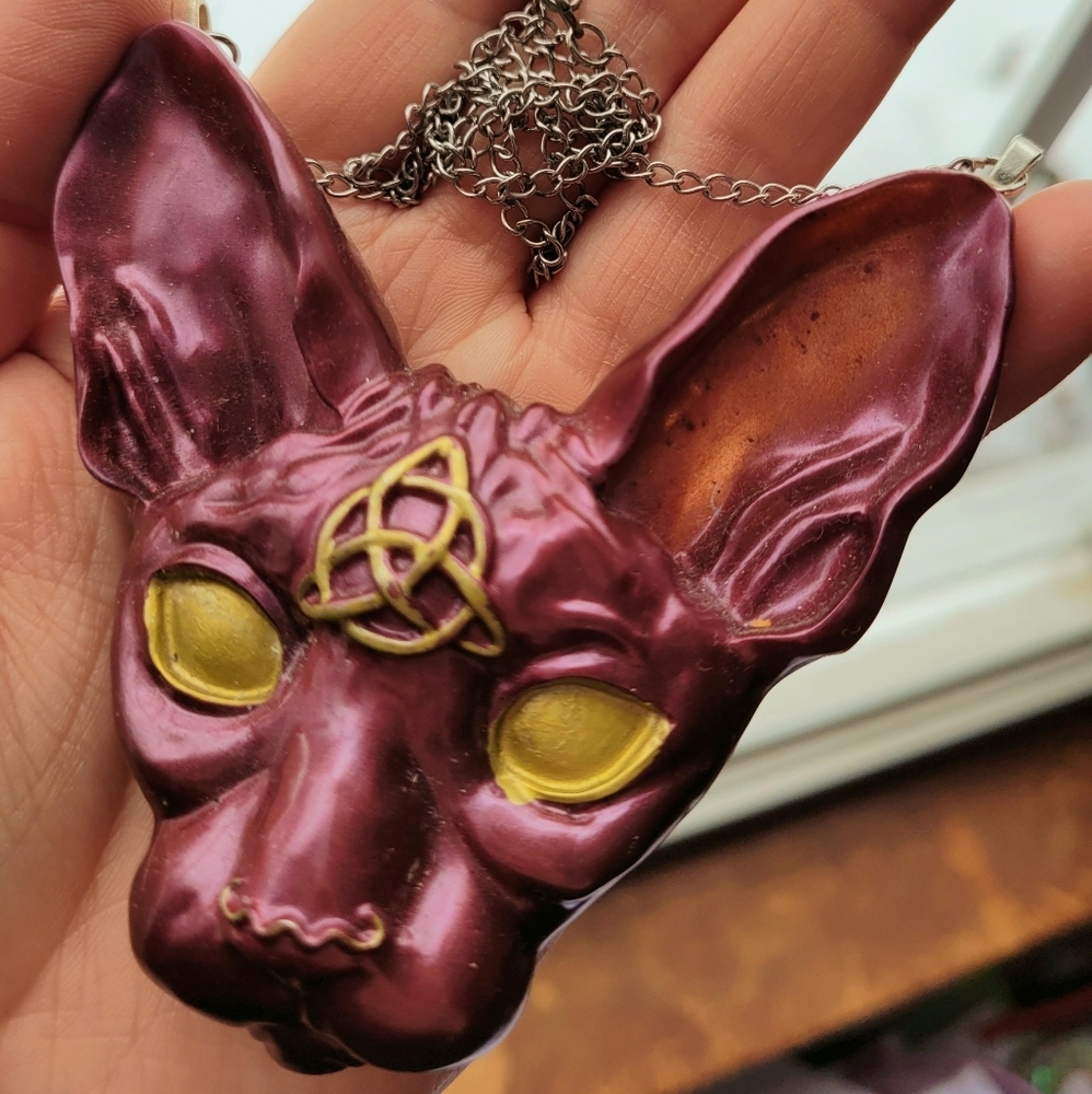Red and Gold Sphynx Cat Head Pendant Necklace
